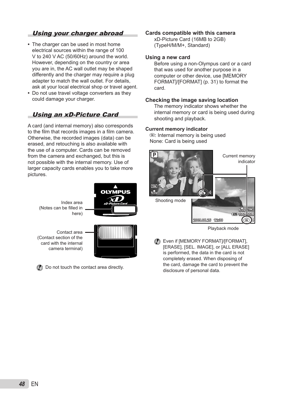 Using your charger abroad, Using an xd-picture card, En using your charger abroad | Olympus X-560WP User Manual | Page 48 / 66