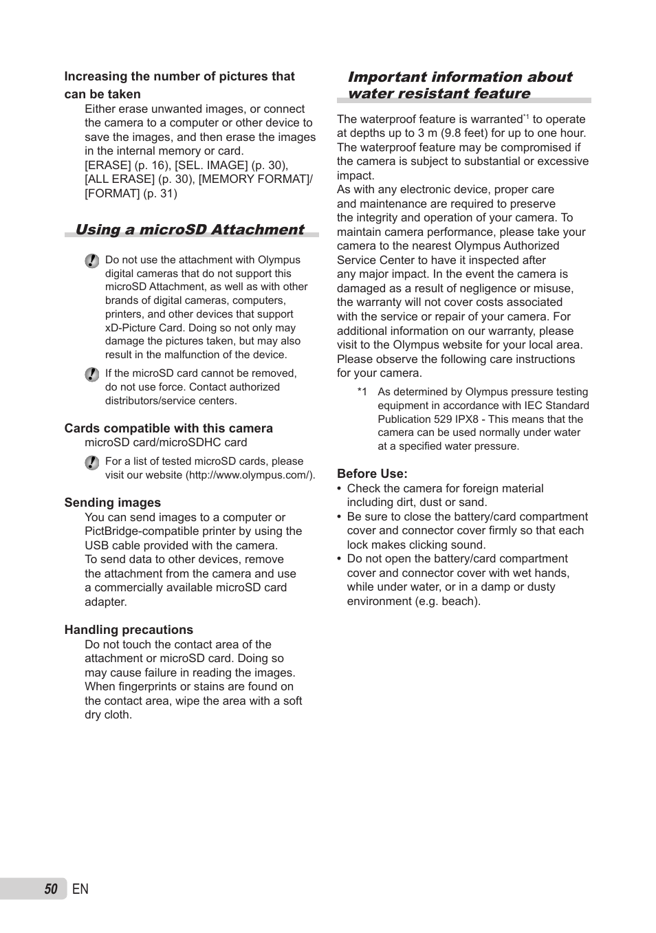 Using a microsd attachment, 0 en | Olympus X-560WP User Manual | Page 50 / 66