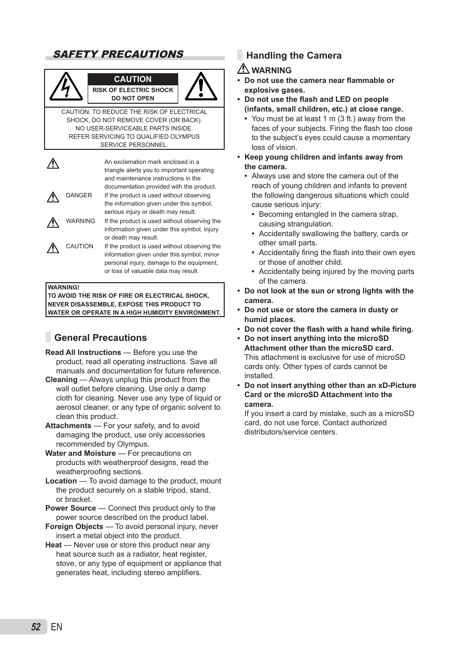 Safety precautions, General precautions, Handling the camera | En safety precautions | Olympus X-560WP User Manual | Page 52 / 66