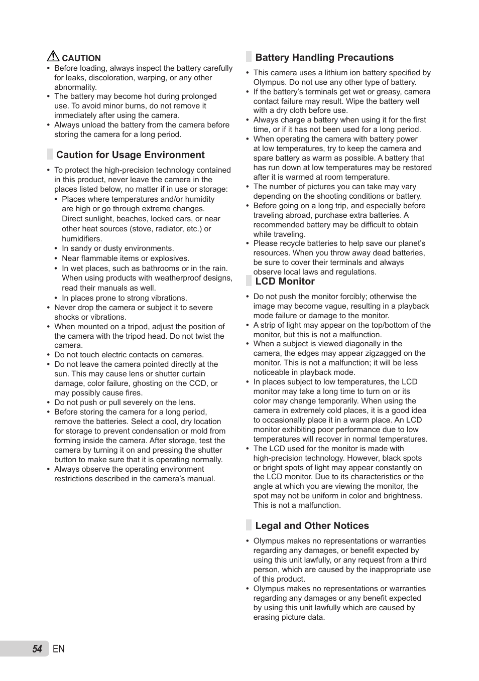 Caution for usage environment, Battery handling precautions, Lcd monitor | Legal and other notices | Olympus X-560WP User Manual | Page 54 / 66