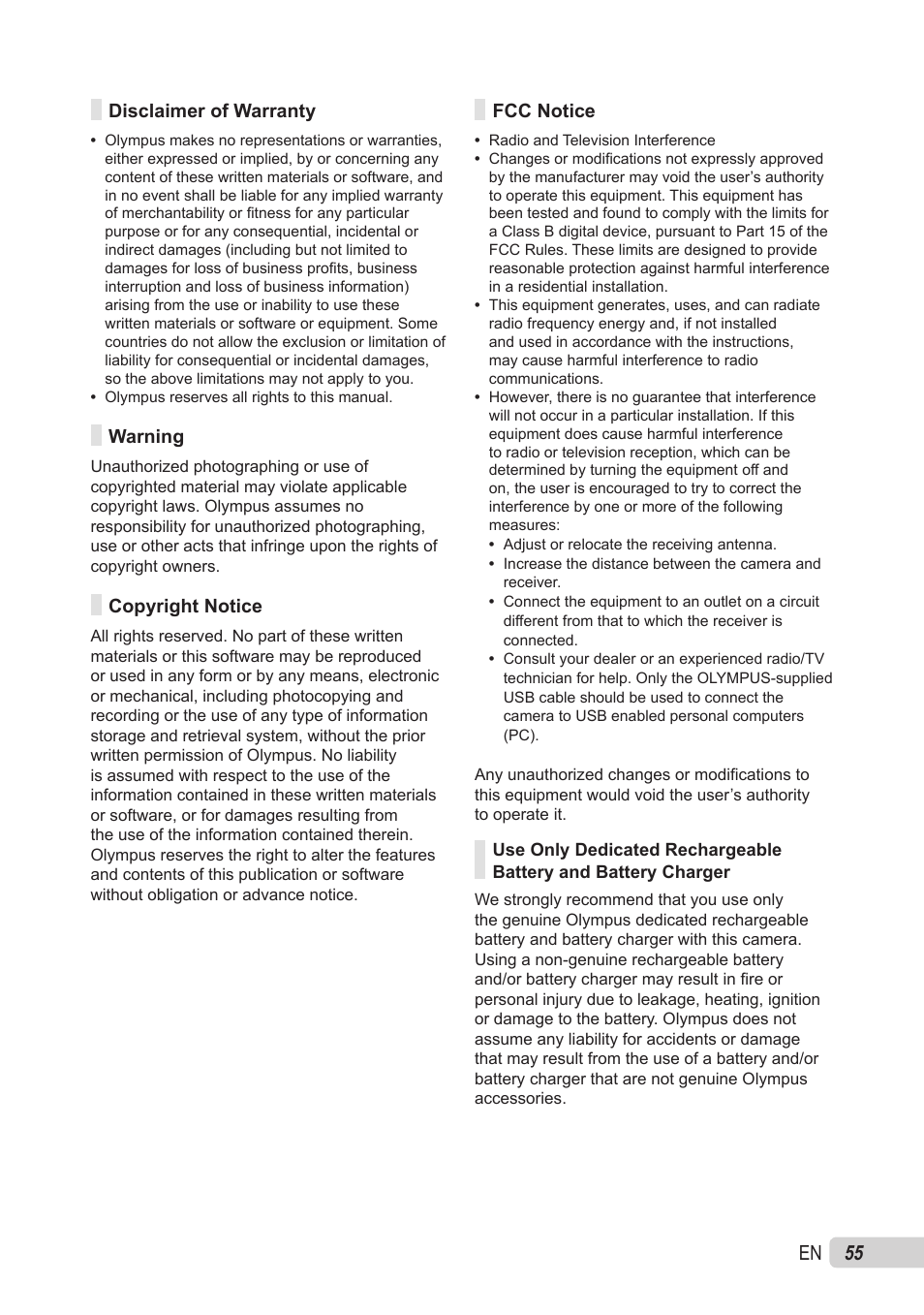 Disclaimer of warranty, Warning, Copyright notice | Fcc notice | Olympus X-560WP User Manual | Page 55 / 66