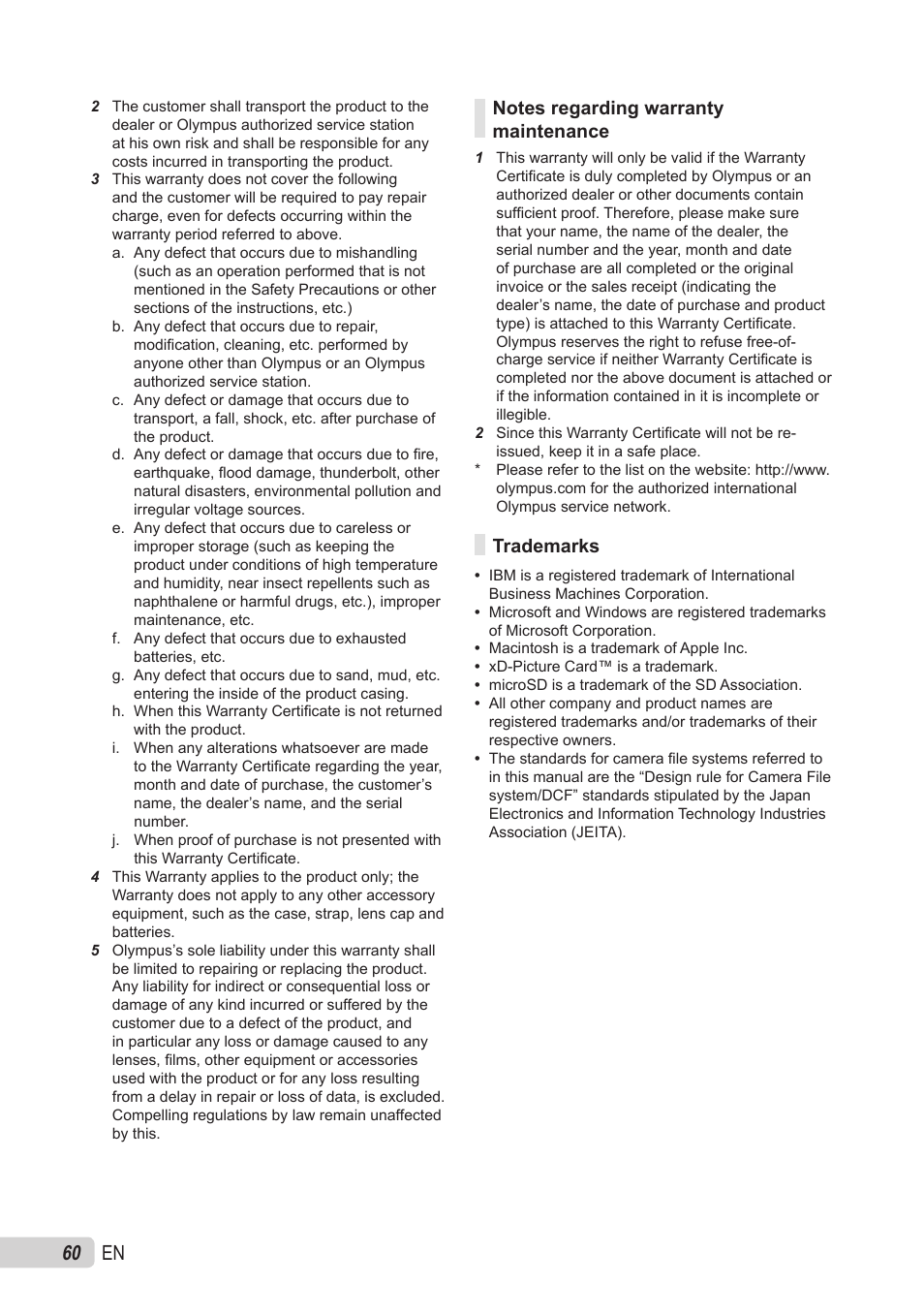 Notes regarding warranty maintenance, Trademarks, 0 en | Olympus X-560WP User Manual | Page 60 / 66