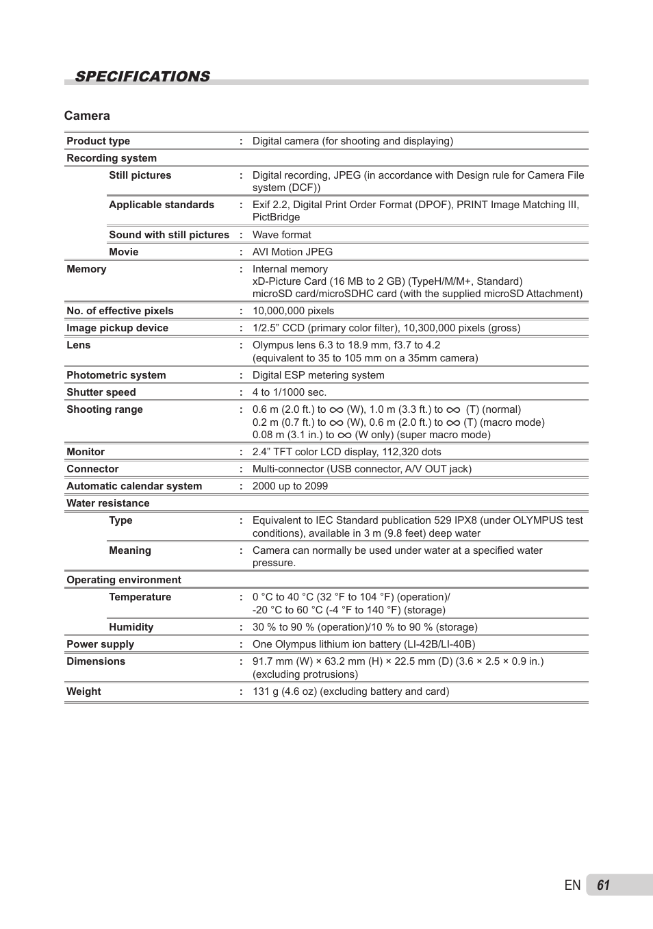 Specifications, 1 en specifications | Olympus X-560WP User Manual | Page 61 / 66