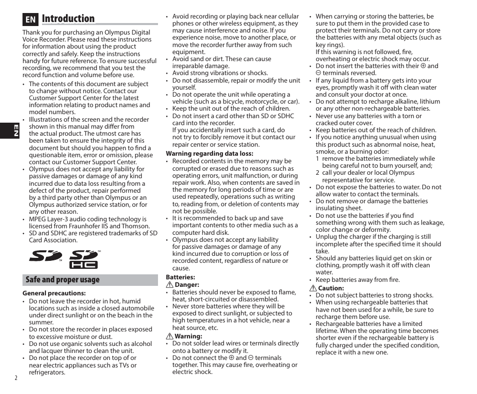 Introduction, En safe and proper usage | Olympus DP-311 User Manual | Page 2 / 9