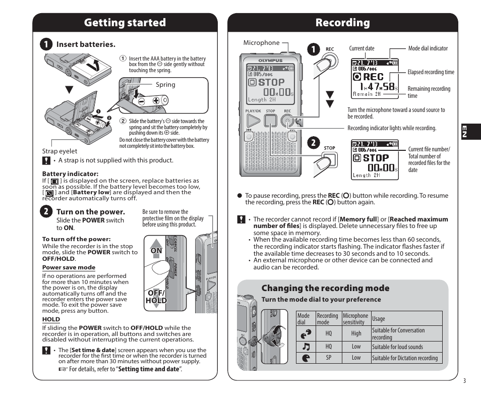 Getting started recording, Changing the recording mode | Olympus DP-311 User Manual | Page 3 / 9