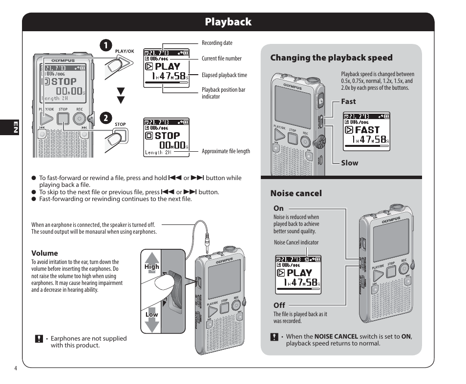 Playback, Noise cancel, Changing the playback speed | Olympus DP-311 User Manual | Page 4 / 9
