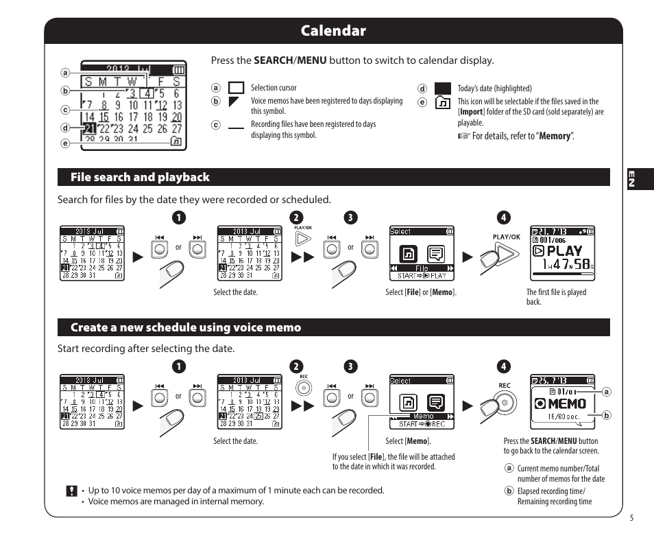 Calendar | Olympus DP-311 User Manual | Page 5 / 9