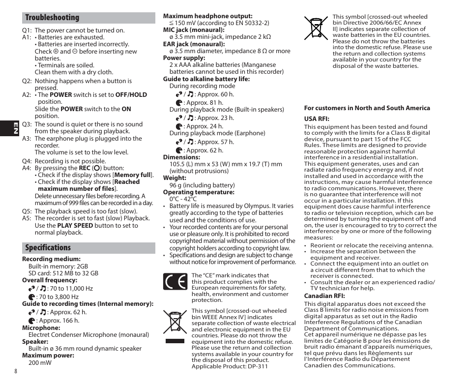 Troubleshooting, Specifications | Olympus DP-311 User Manual | Page 8 / 9