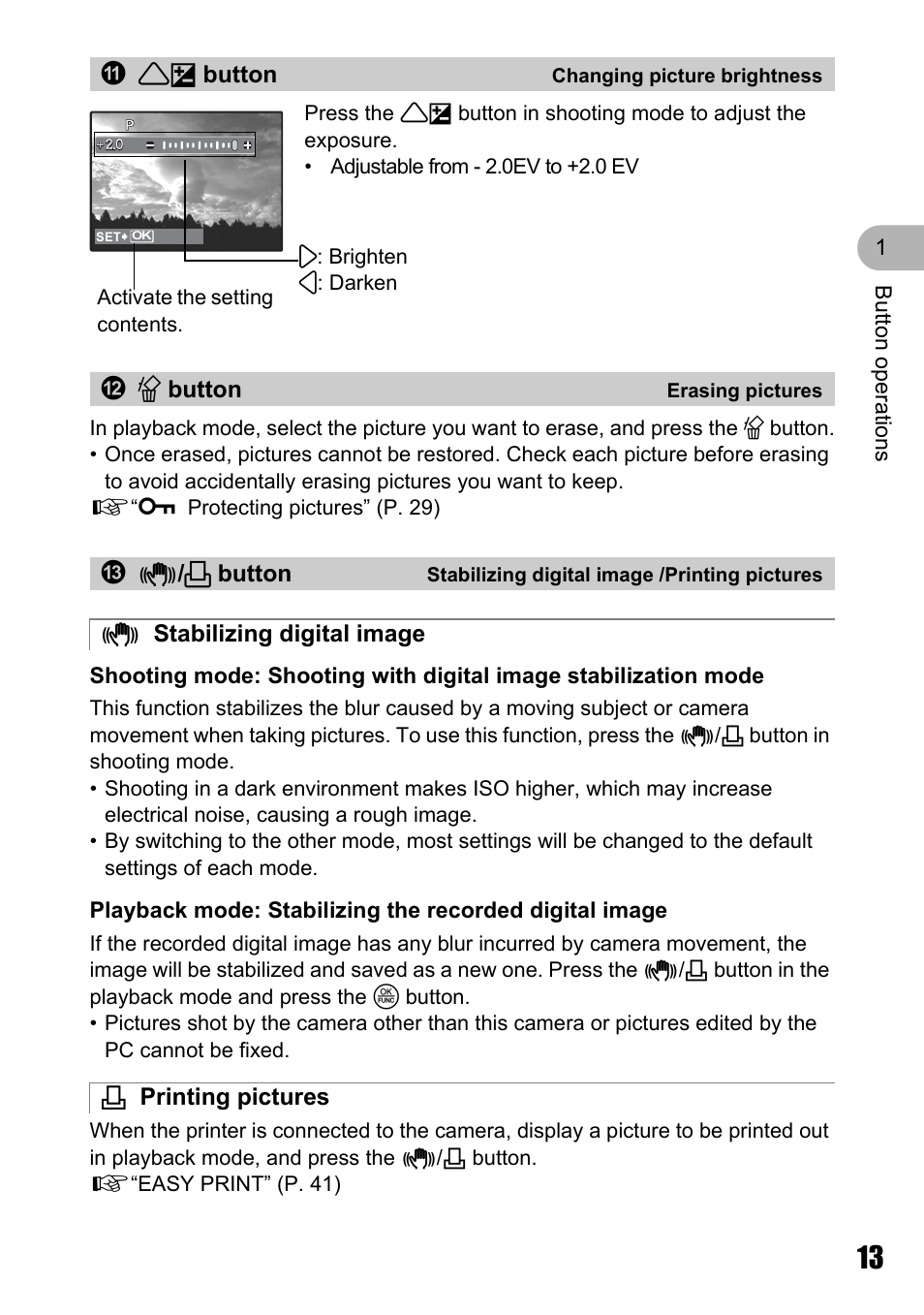 Changing picture brightness, Erasing pictures, Stabilizing digital image /printing pictures | Stabilizing digital image, Printing pictures, H stabilizing digital image, A1f button, Bs button, Ch / p button, H stabilizing digital image < printing pictures | Olympus µ 810 User Manual | Page 13 / 88