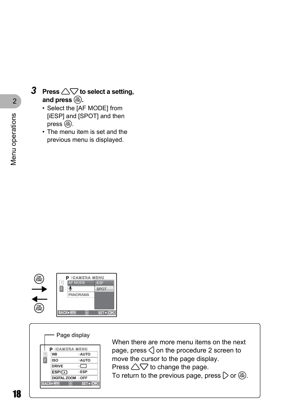 Menu o perat ion s 2, Press 12 to select a setting, and press o | Olympus µ 810 User Manual | Page 18 / 88