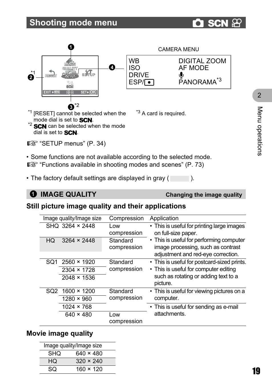 Shooting mode menu, Changing the image quality, Shooting mode menu k | 1image quality, Men u o perat io ns 2, Wb iso drive esp/n digital zoom af mode r panorama | Olympus µ 810 User Manual | Page 19 / 88