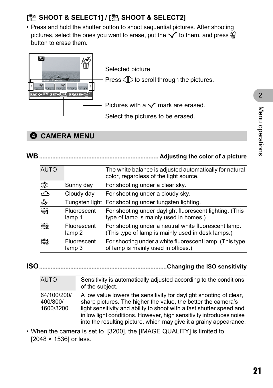 Camera menu, Adjusting the color of a picture, Changing the iso sensitivity | P. 21, 4camera menu wb | Olympus µ 810 User Manual | Page 21 / 88