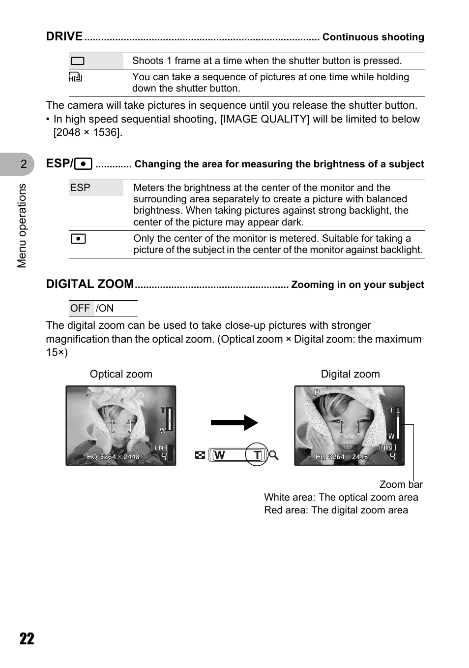 Continuous shooting, Zooming in on your subject, P. 22 | Drive, Esp/ n, Digital zoom, Menu o perat ion s 2 | Olympus µ 810 User Manual | Page 22 / 88