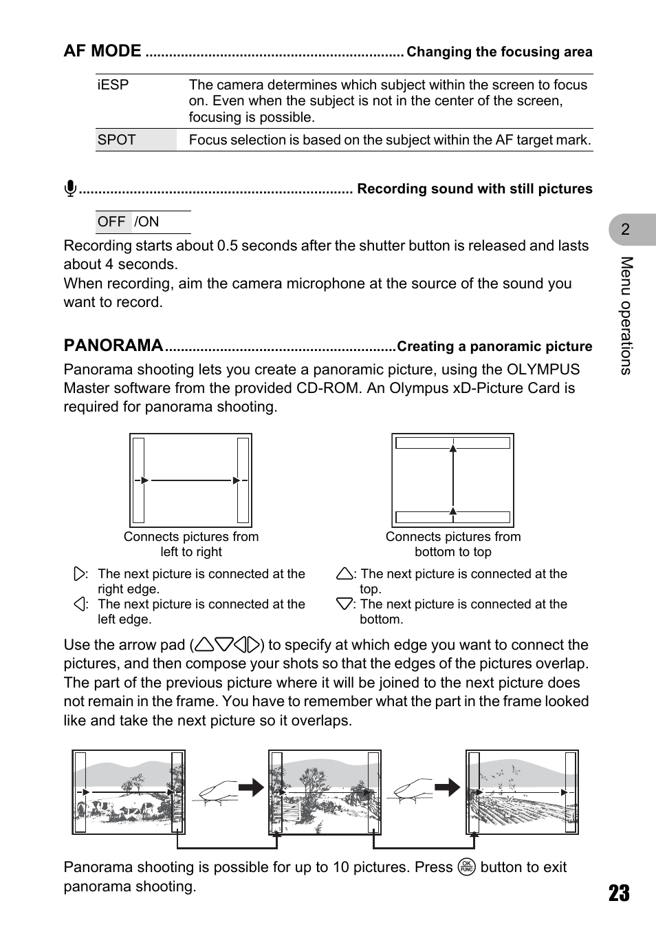 Changing the focusing area, Recording sound with still pictures, Creating a panoramic picture | P. 23 | Olympus µ 810 User Manual | Page 23 / 88