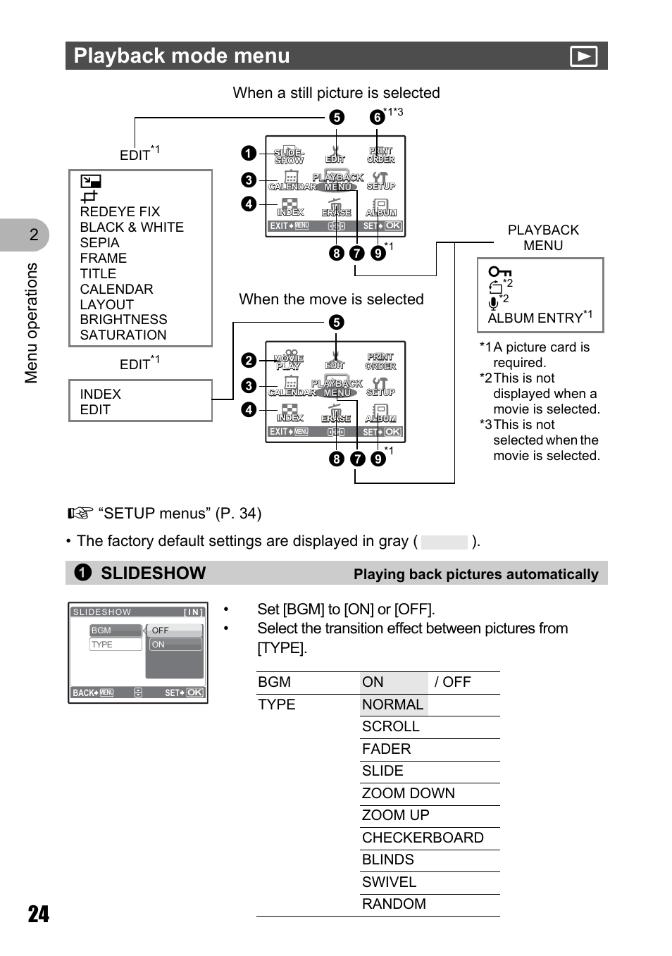 Playback mode menu, Playing back pictures automatically, Playback mode menu q | 1slideshow, Menu o perat ion s 2, Edit, Album entry, Playback menu, Index edit | Olympus µ 810 User Manual | Page 24 / 88