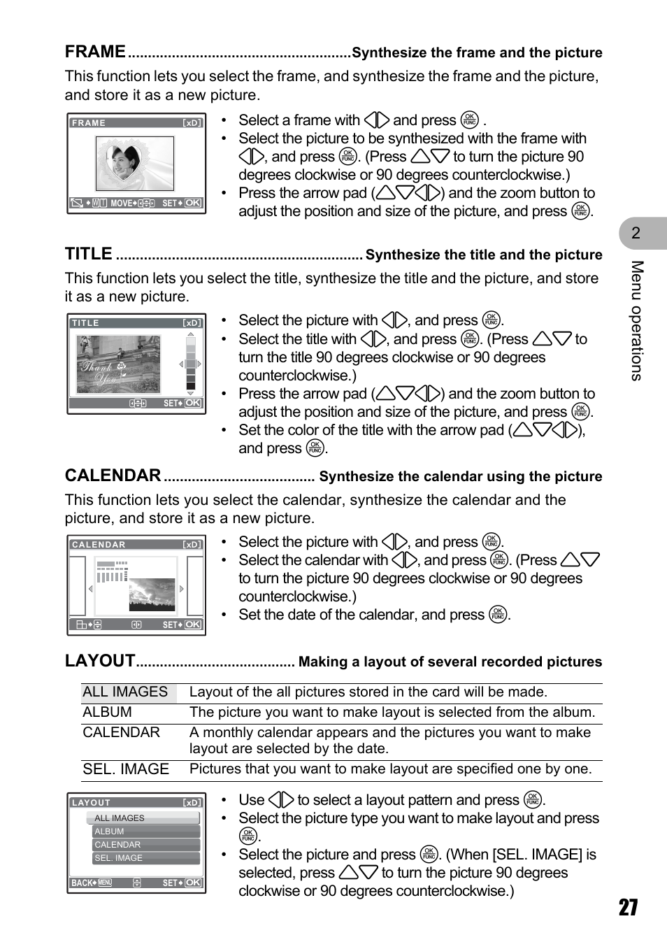 Synthesize the frame and the picture, Synthesize the title and the picture, Synthesize the calendar using the picture | Making a layout of several recorded pictures, Frame, Title, Calendar, Layout, Men u o perat io ns 2 | Olympus µ 810 User Manual | Page 27 / 88