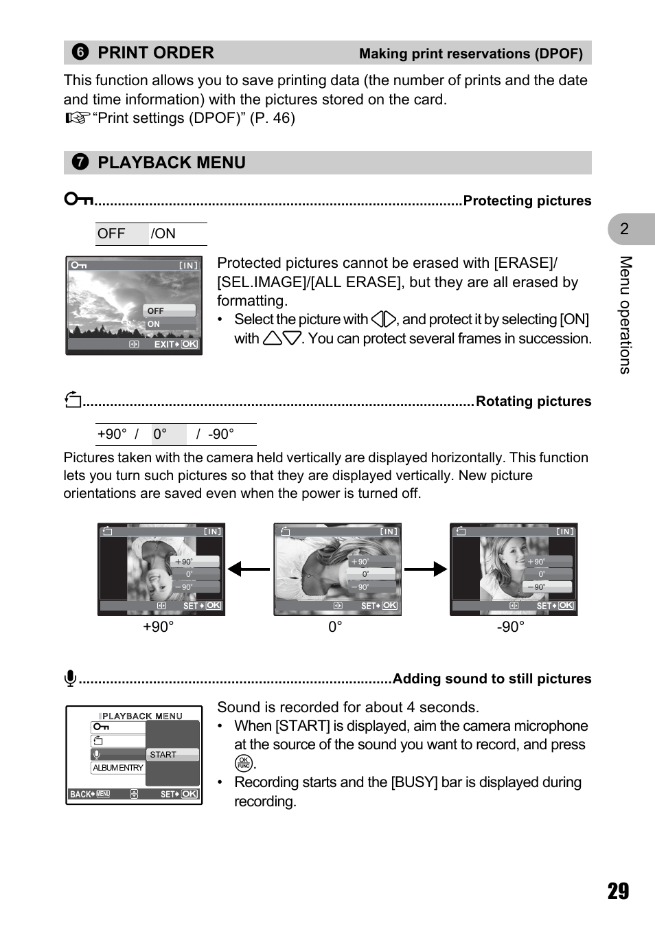 Making print reservations (dpof), Playback menu, Protecting pictures | Rotating pictures, Adding sound to still pictures, 6print order, 7playback menu 0, Men u o perat io ns 2 | Olympus µ 810 User Manual | Page 29 / 88