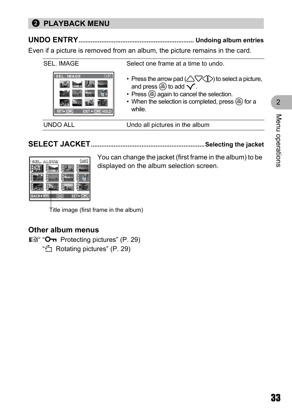 Playback menu, Undoing album entries, Selecting the jacket | Other album menus, 2playback menu undo entry, Select jacket, Men u o perat io ns 2, Title image (first frame in the album) | Olympus µ 810 User Manual | Page 33 / 88
