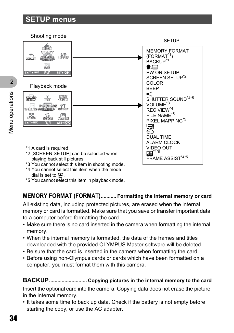 Setup menus, Formatting the internal memory or card, Setup menus” (p. 34) | Backup, Menu o perat ion s 2, Playback mode shooting mode, W pw on setup screen setup, Color beep 8 shutter sound, Volume, Rec view | Olympus µ 810 User Manual | Page 34 / 88