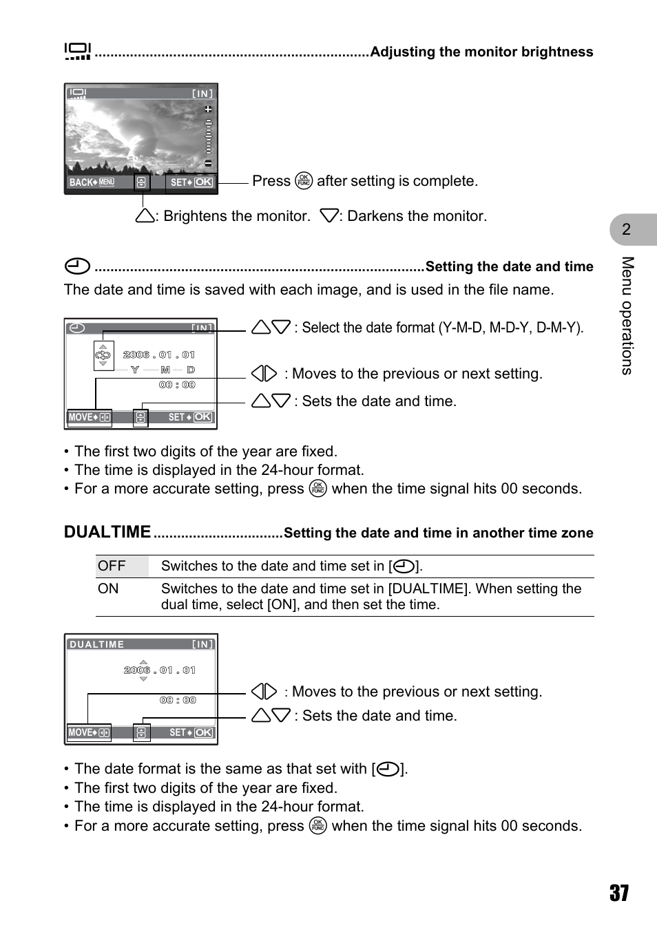 Adjusting the monitor brightness, Setting the date and time, Setting the date and time in another time zone | Dualtime, Men u o perat io ns 2 | Olympus µ 810 User Manual | Page 37 / 88
