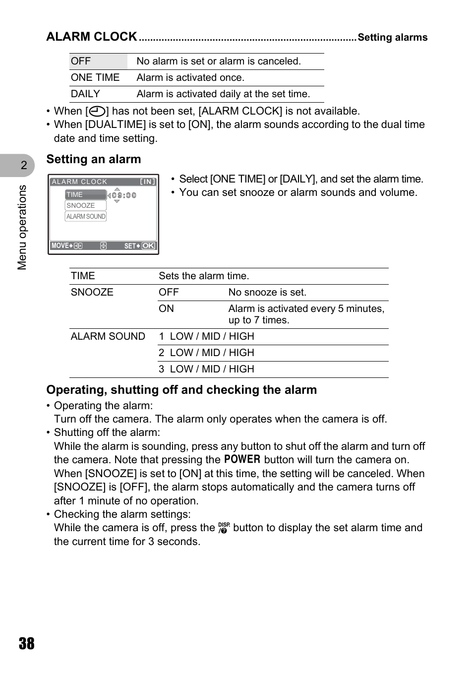 Setting alarms, Setting an alarm, Operating, shutting off and checking the alarm | Alarm clock | Olympus µ 810 User Manual | Page 38 / 88