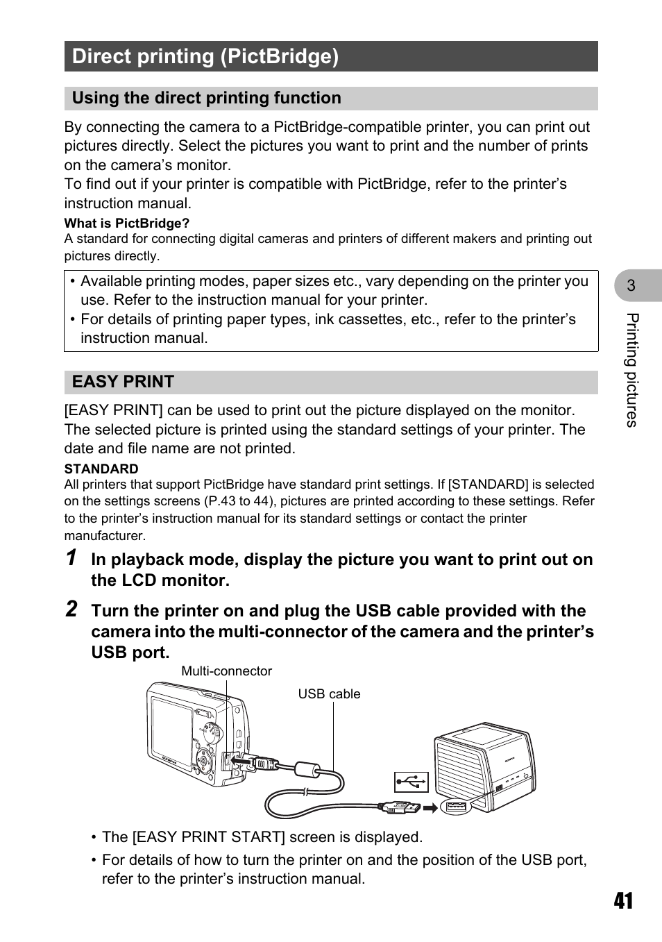 Direct printing (pictbridge), Using the direct printing function, Easy print | Olympus µ 810 User Manual | Page 41 / 88