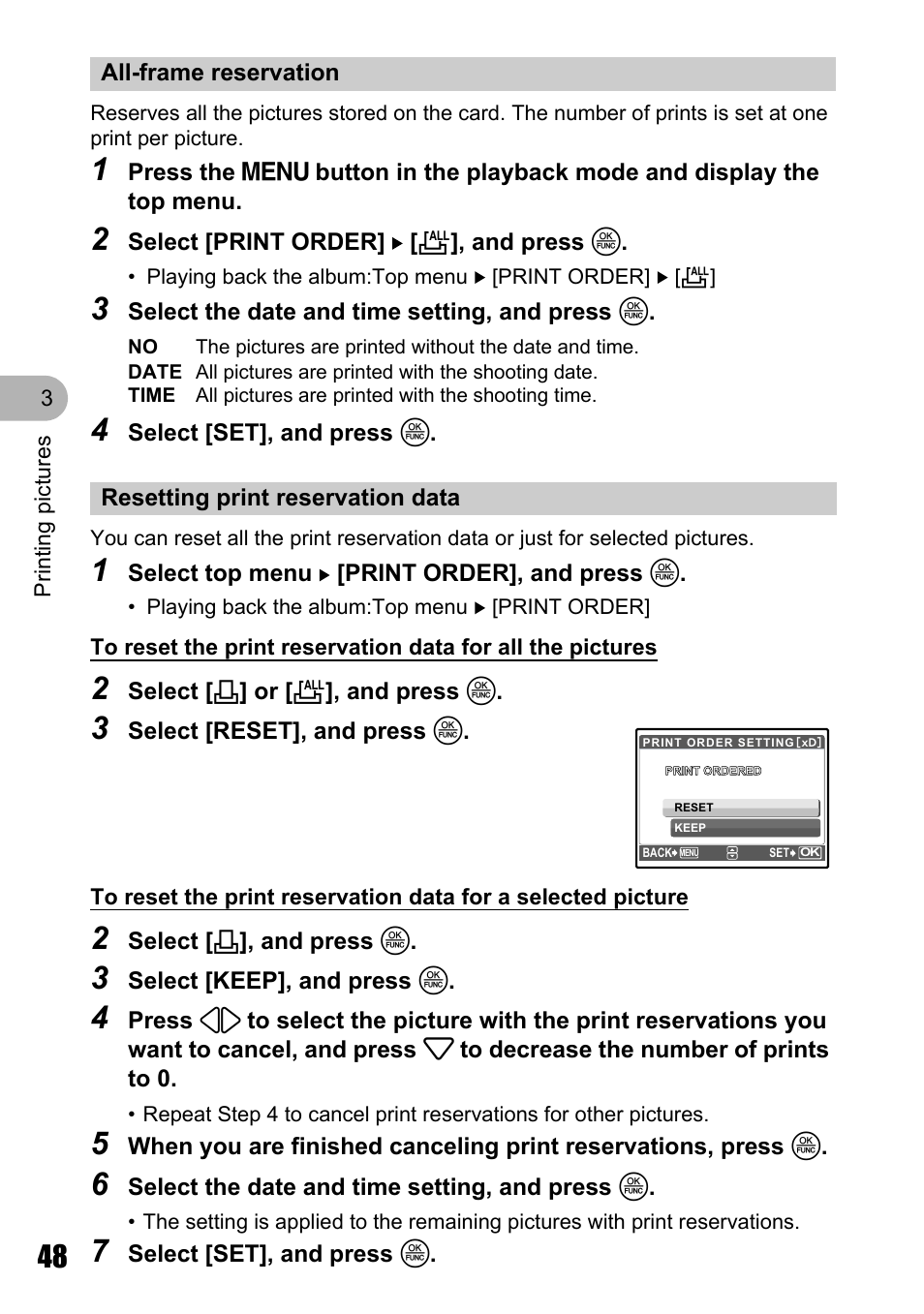 All-frame reservation, Resetting print reservation data | Olympus µ 810 User Manual | Page 48 / 88