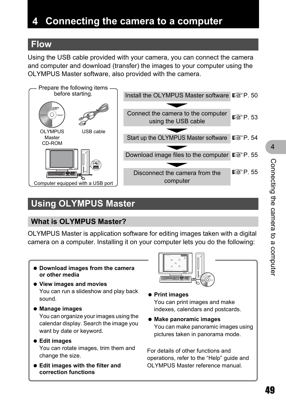 Connecting the camera to a computer, Flow, Using olympus master | What is olympus master, 4 connecting the camera to a computer | Olympus µ 810 User Manual | Page 49 / 88