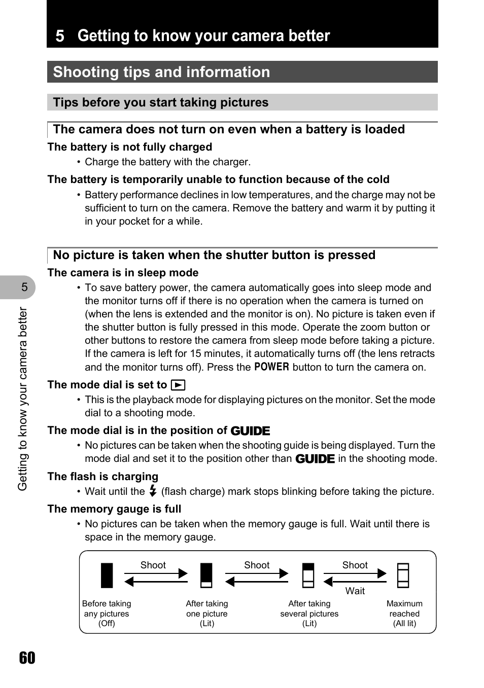 Getting to know your camera better, Shooting tips and information, Tips before you start taking pictures | 5 getting to know your camera better, Ab c d | Olympus µ 810 User Manual | Page 60 / 88
