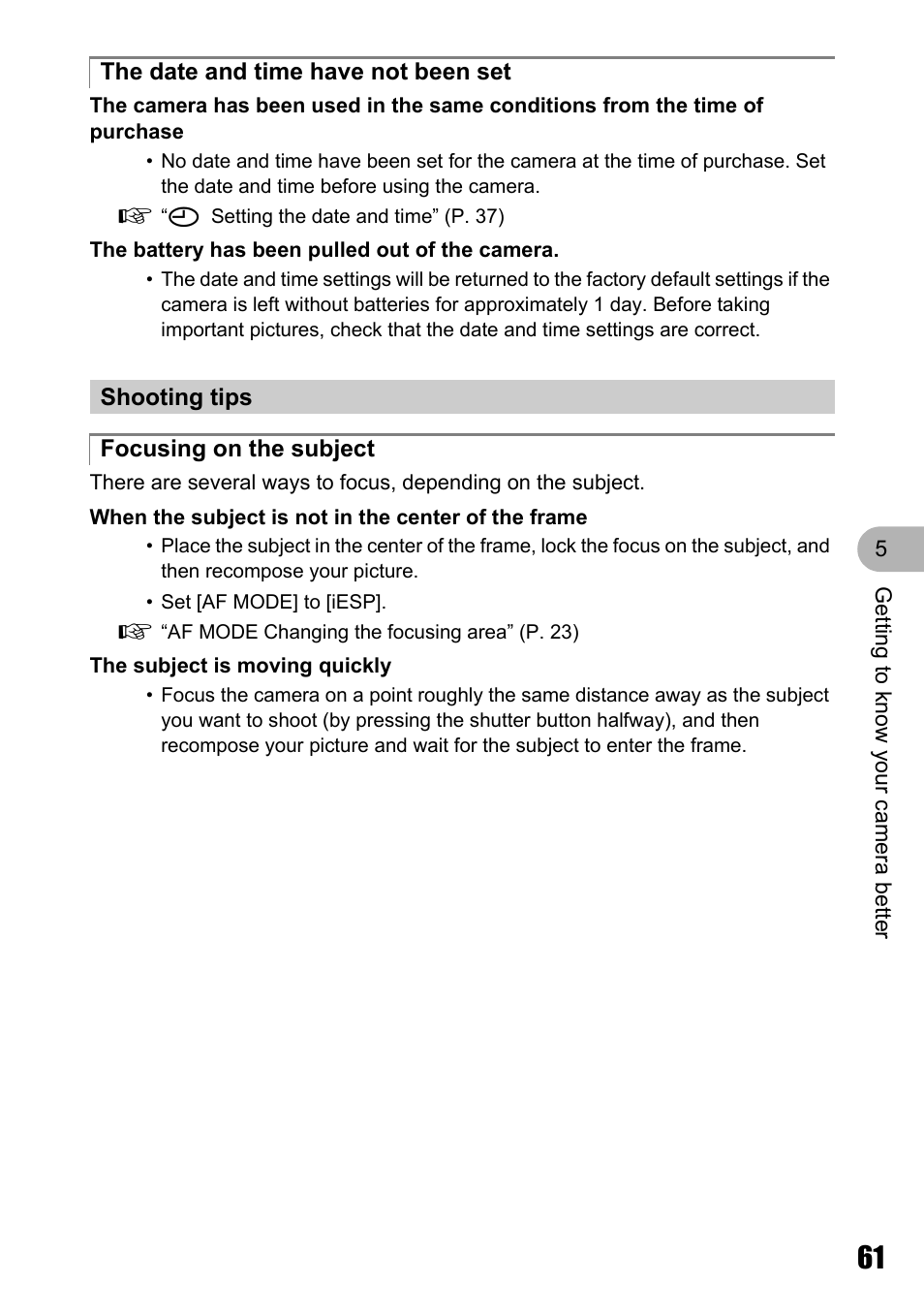The date and time have not been set, Shooting tips, Focusing on the subject | Olympus µ 810 User Manual | Page 61 / 88