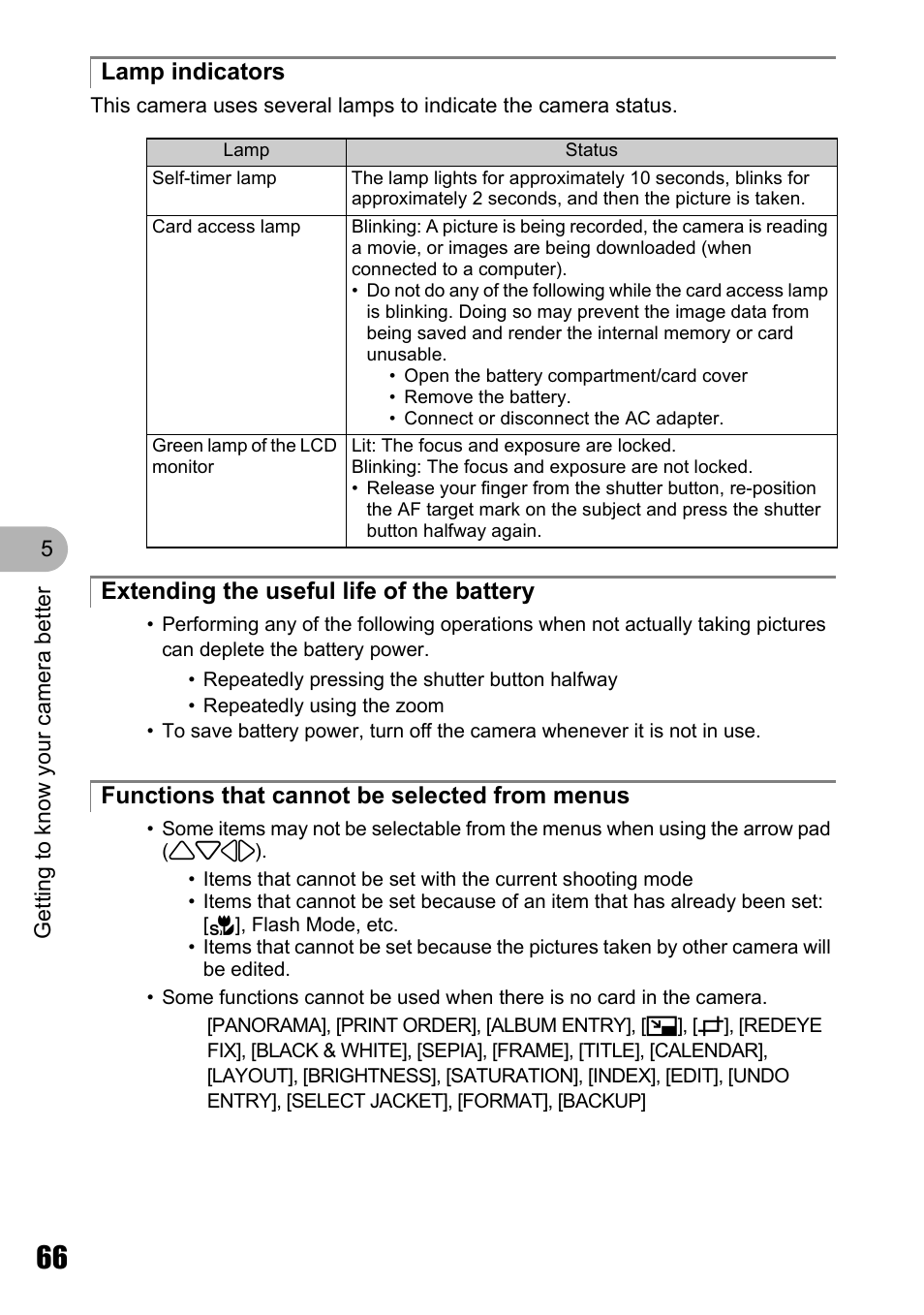 Lamp indicators, Extending the useful life of the battery, Functions that cannot be selected from menus | Olympus µ 810 User Manual | Page 66 / 88
