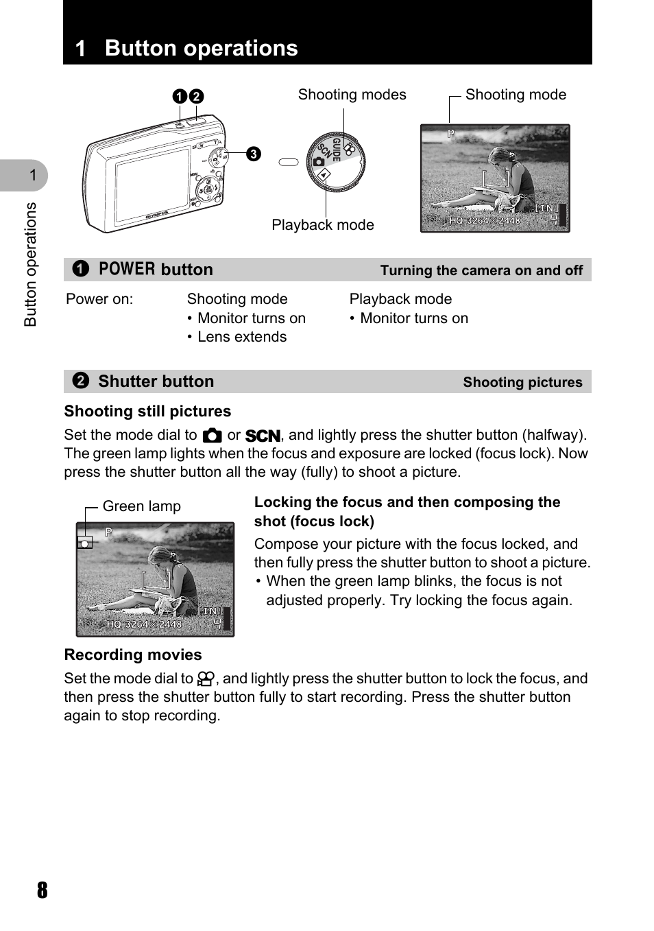 Button operations, Turning the camera on and off, Shooting pictures | 1 button operations, 1o button, 2shutter button | Olympus µ 810 User Manual | Page 8 / 88