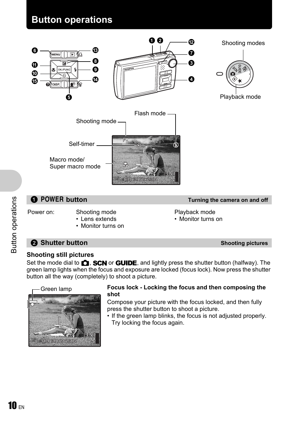 Button operations, Turning the camera on and off, Shooting pictures | P. 10, But to n o perat io ns | Olympus µ 780 User Manual | Page 10 / 78