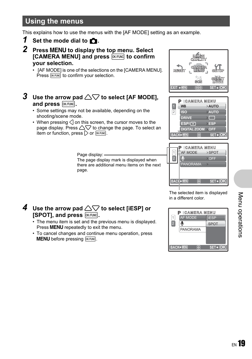 Using the menus, Me nu opera tions, Set the mode dial to k | Olympus µ 780 User Manual | Page 19 / 78