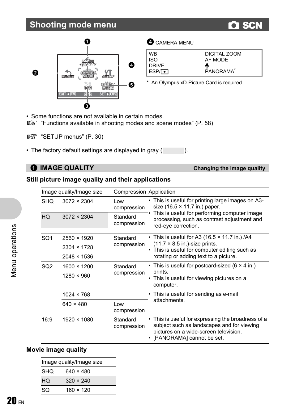 Shooting mode menu, Changing the image quality, Shooting mode menu k s | Menu ope rati ons, Image quality | Olympus µ 780 User Manual | Page 20 / 78