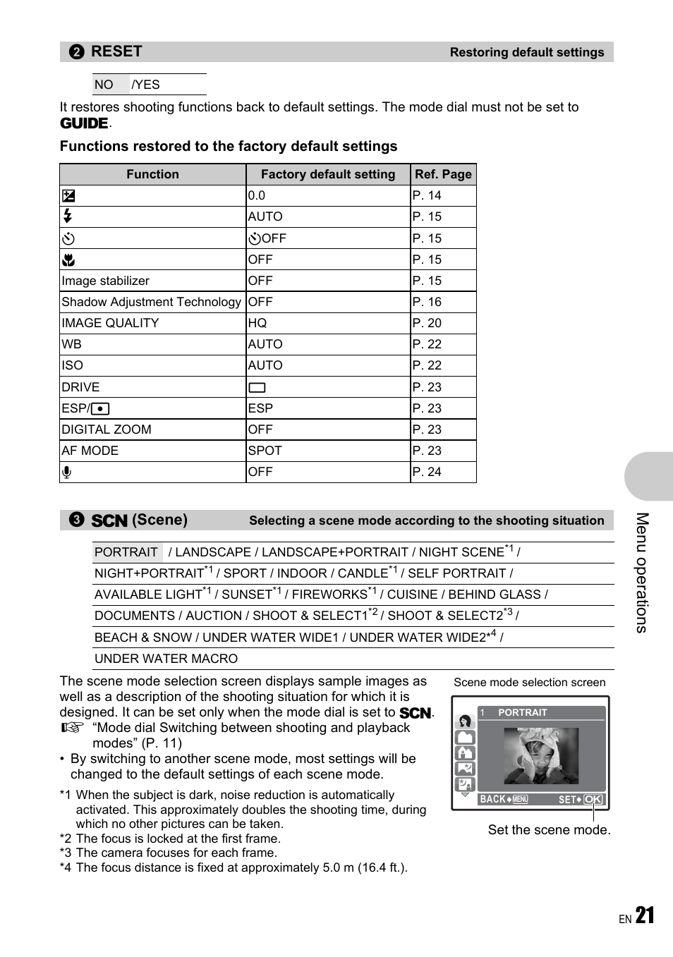 Restoring default settings, Me nu opera tions, Reset | S (scene) | Olympus µ 780 User Manual | Page 21 / 78