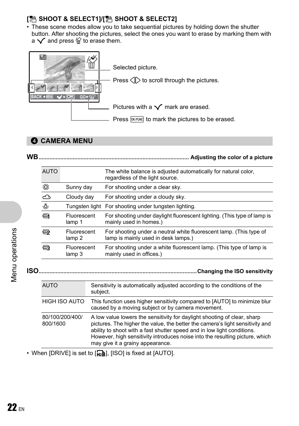 Camera menu, Adjusting the color of a picture, Changing the iso sensitivity | P. 22, Menu ope rati ons | Olympus µ 780 User Manual | Page 22 / 78