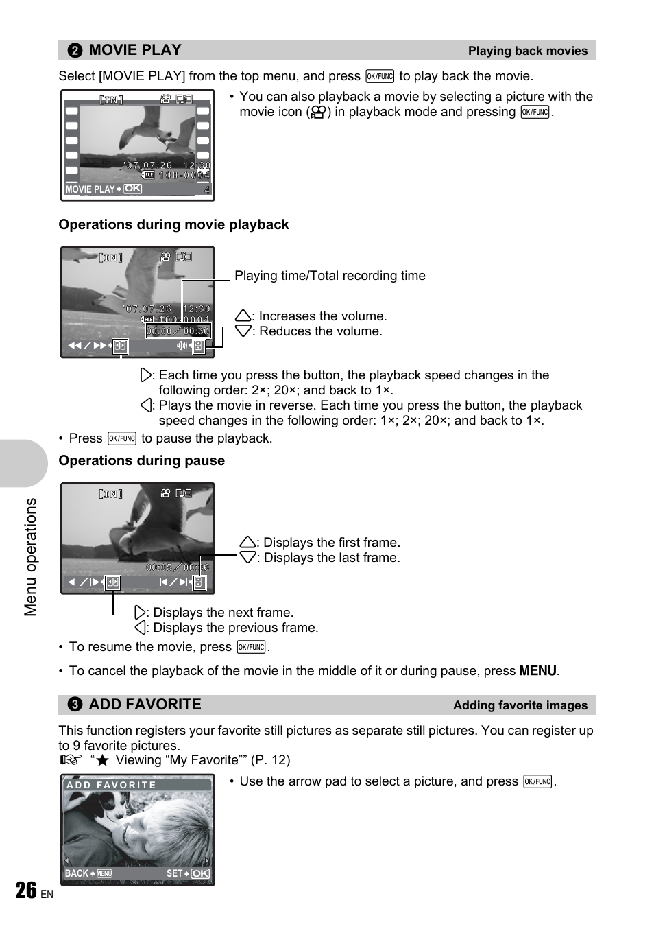 Playing back movies, Adding favorite images, Menu ope rati ons | Movie play, Add favorite | Olympus µ 780 User Manual | Page 26 / 78