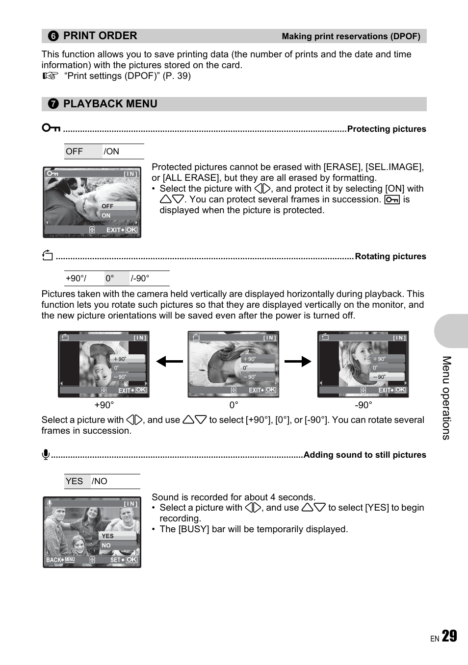 Making print reservations (dpof), Playback menu, Protecting pictures | Rotating pictures, Adding sound to still pictures, 0 protecting pictures” (p. 29), Me nu opera tions, Print order, Playback menu 0 | Olympus µ 780 User Manual | Page 29 / 78