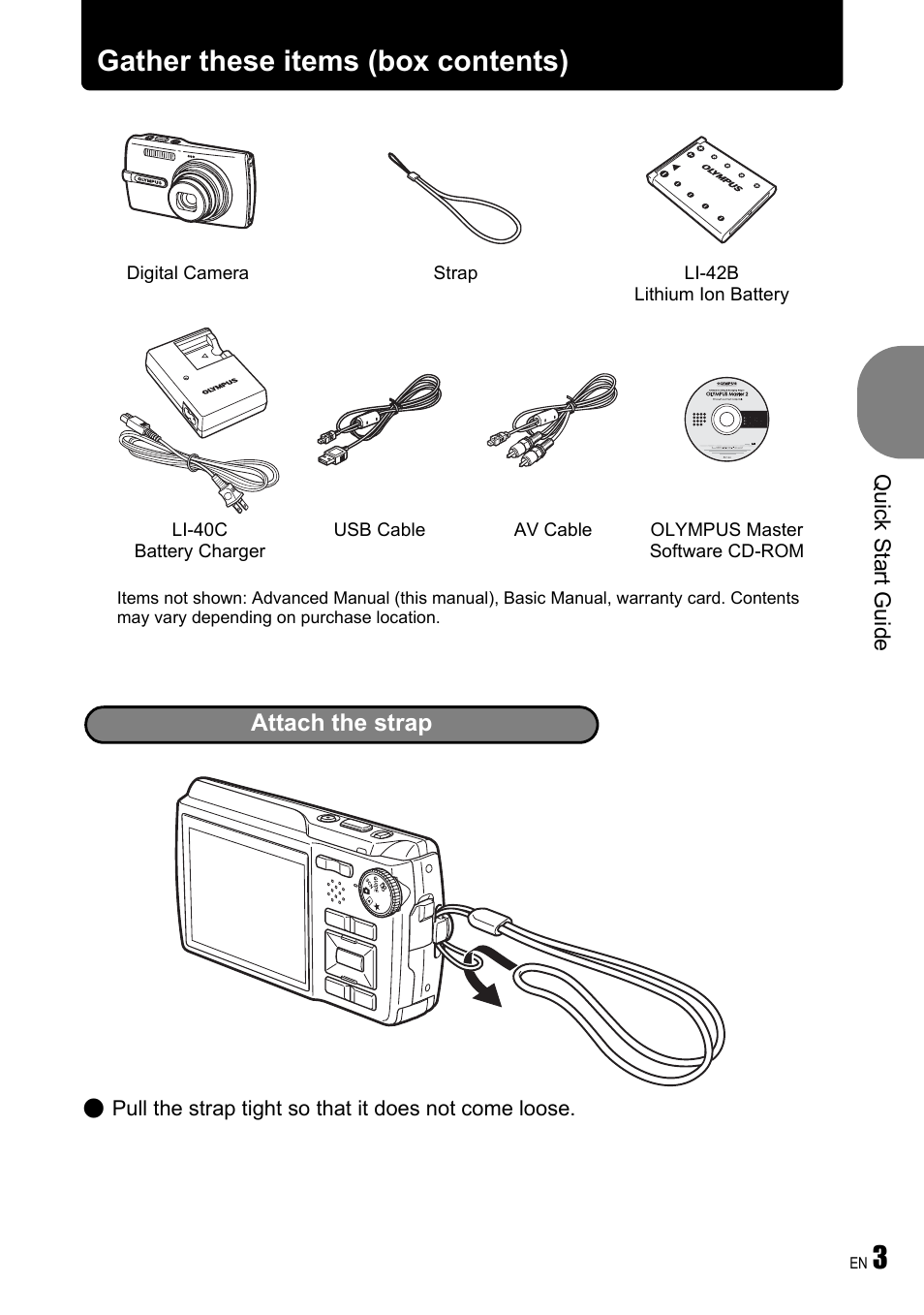 Quick start guide, P. 3, Gather these items (box contents) | Olympus µ 780 User Manual | Page 3 / 78