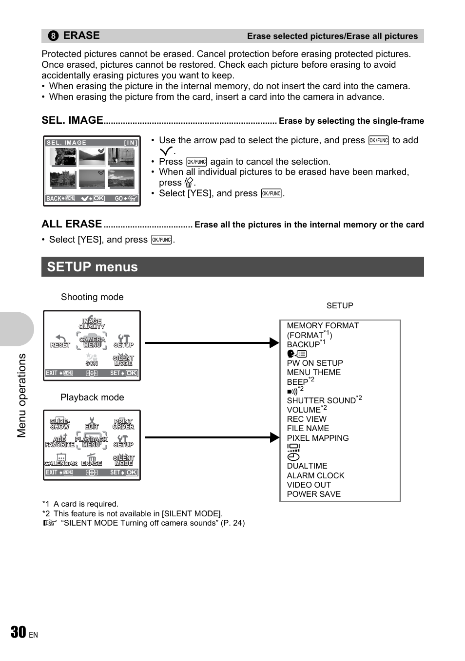 Erase selected pictures/erase all pictures, Erase by selecting the single-frame, Setup menus | Menu ope rati ons, Erase, Sel. image, All erase, Playback mode shooting mode | Olympus µ 780 User Manual | Page 30 / 78