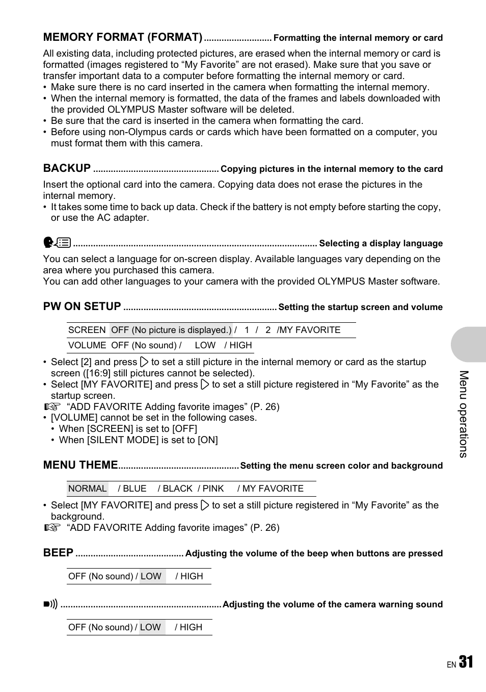 Formatting the internal memory or card, Selecting a display language, Setting the startup screen and volume | Setting the menu screen color and background, Adjusting the volume of the camera warning sound, Me nu opera tions | Olympus µ 780 User Manual | Page 31 / 78