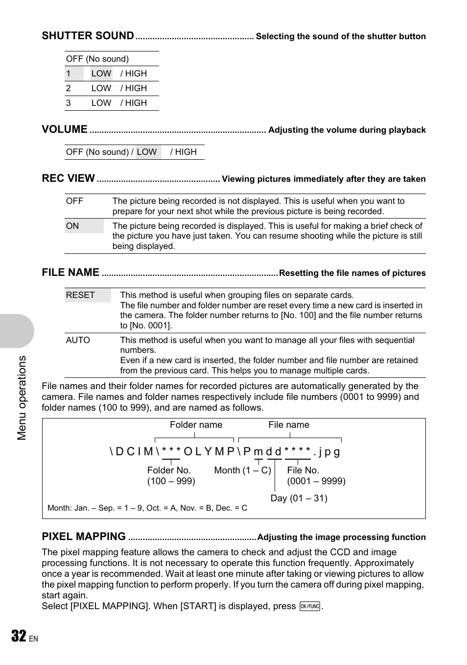 Selecting the sound of the shutter button, Adjusting the volume during playback, Viewing pictures immediately after they are taken | Resetting the file names of pictures, Adjusting the image processing function, Menu ope rati ons | Olympus µ 780 User Manual | Page 32 / 78