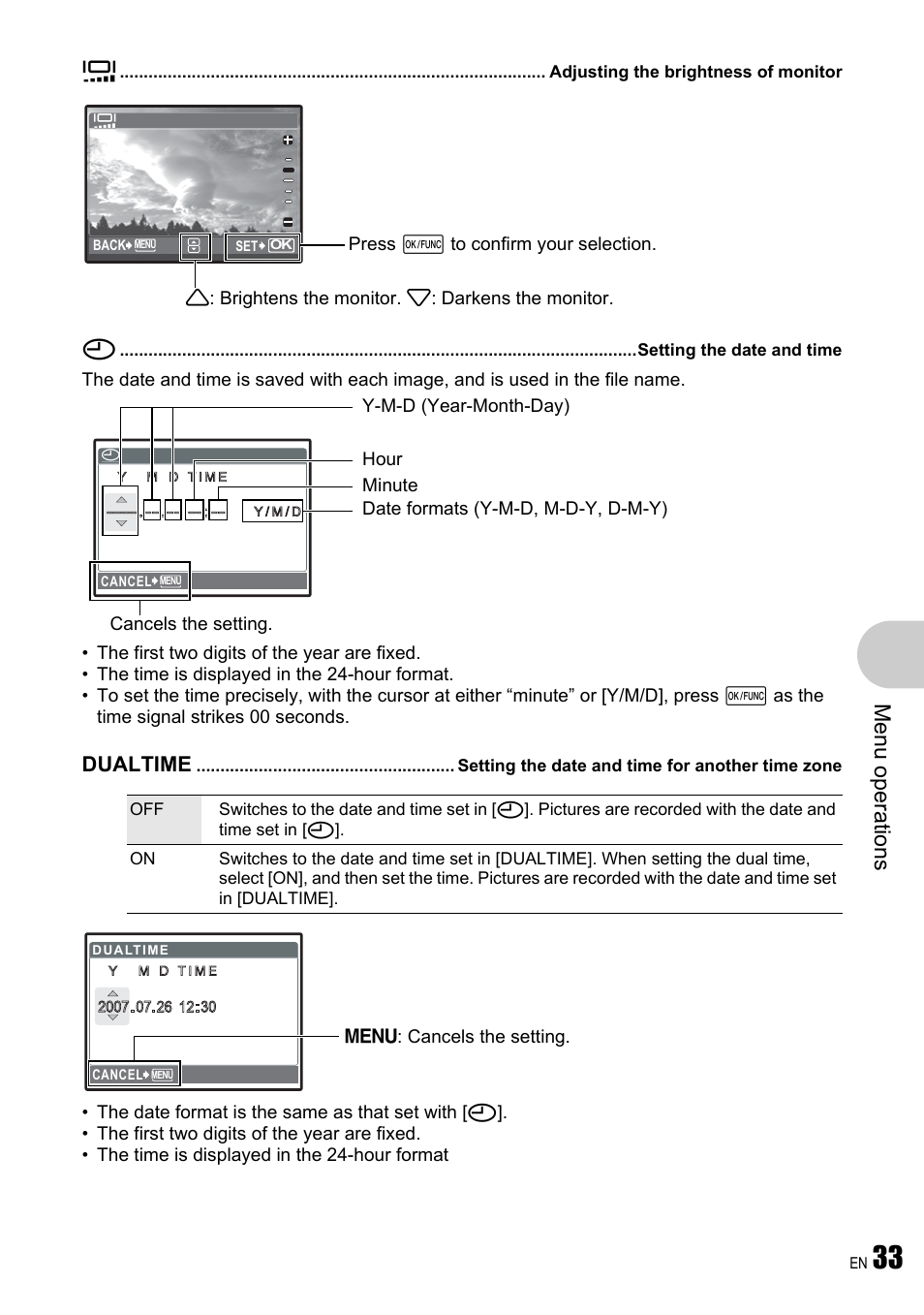 Adjusting the brightness of monitor, Setting the date and time, Setting the date and time for another time zone | Me nu opera tions, Dualtime | Olympus µ 780 User Manual | Page 33 / 78