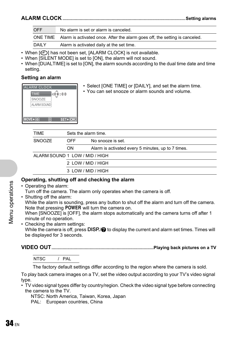Setting alarms, Playing back pictures on a tv, Menu ope rati ons | Olympus µ 780 User Manual | Page 34 / 78