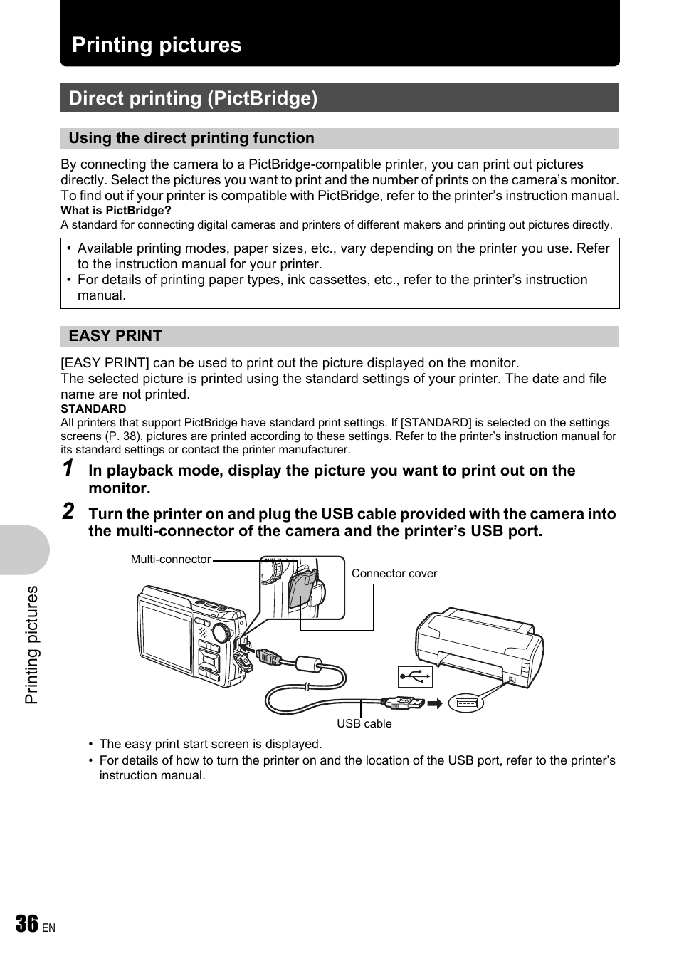 Printing pictures, Direct printing (pictbridge), Using the direct printing function | Easy print, P. 36, Easy print” (p. 36) | Olympus µ 780 User Manual | Page 36 / 78