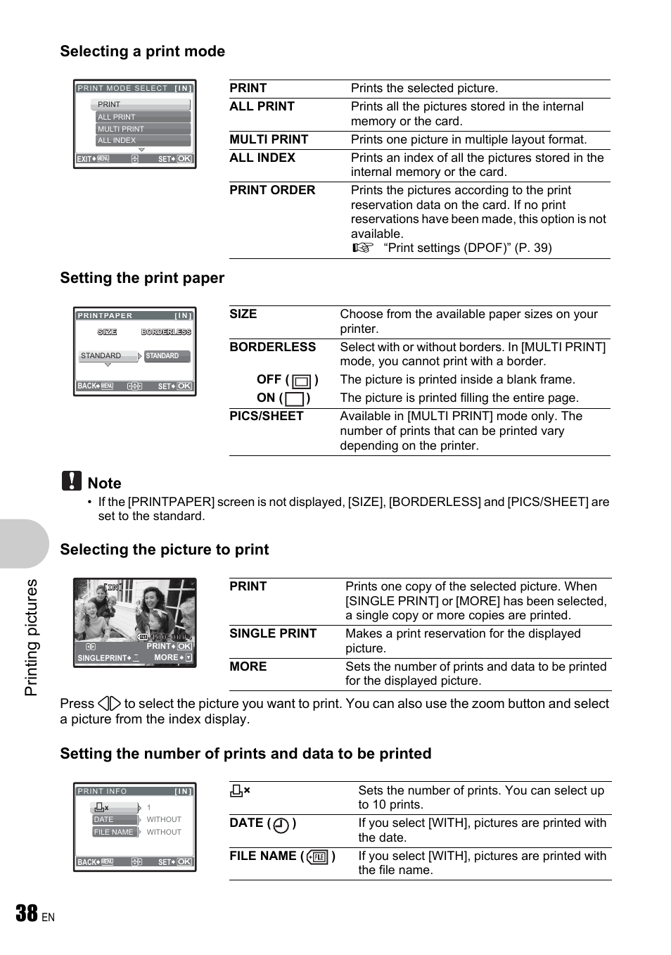 Pri n ting pi ct ures | Olympus µ 780 User Manual | Page 38 / 78