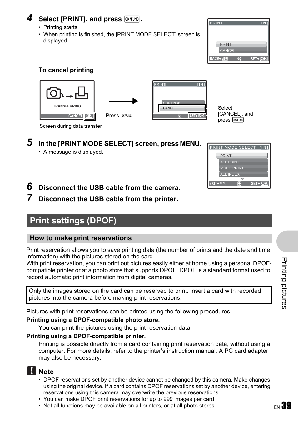 Print settings (dpof), How to make print reservations, Pri n ting p ict ures | Select [print], and press e, Disconnect the usb cable from the camera, Disconnect the usb cable from the printer | Olympus µ 780 User Manual | Page 39 / 78