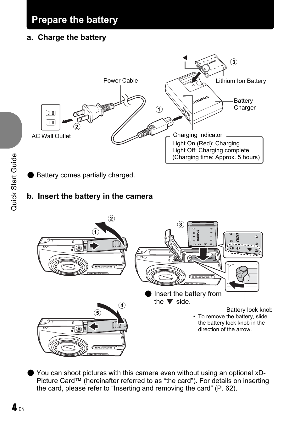 Prepare the battery | Olympus µ 780 User Manual | Page 4 / 78