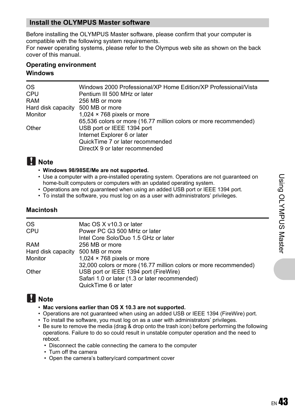Install the olympus master software, Gp. 43, Usi ng oly m pu s mast er | Olympus µ 780 User Manual | Page 43 / 78